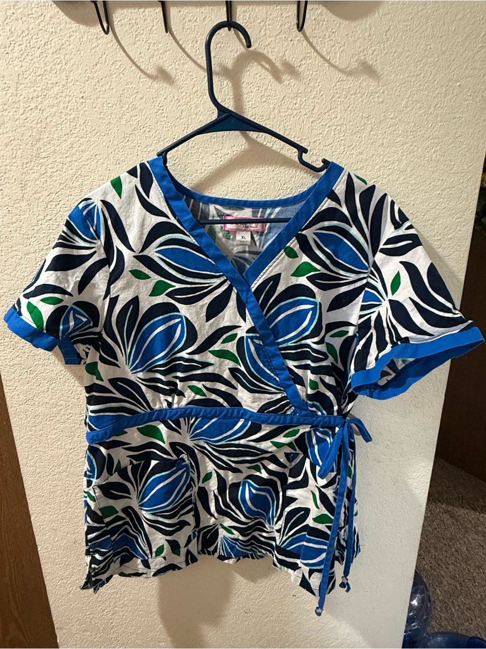 koi Blue, White & Green Floral Wrap Scrub Top